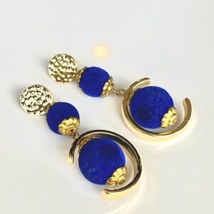 Vintage Statement Royal Blue Silk Threaded and Hammered Gold Hoop Earrings